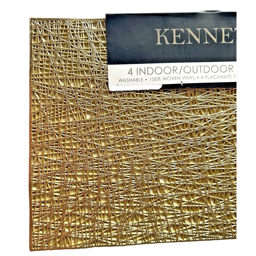 Kenneth Metallic Gold Open Weave Vinyl Placemats 12x18 Set of 4 Wipe Clean